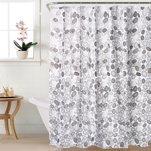 Combo De Baño Con Cortina De Ducha Protector Barral Ganchos Piedras Gris