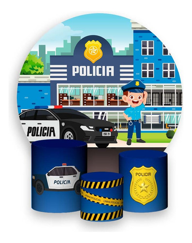 Painel De Festa 1,5x1,5 + Trio Capa Cilindro Policia Cute