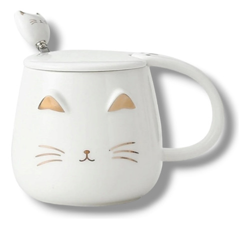 Taza Mug Gato Con Tapa Y Cuchara Cerámica Kawaii Gatito