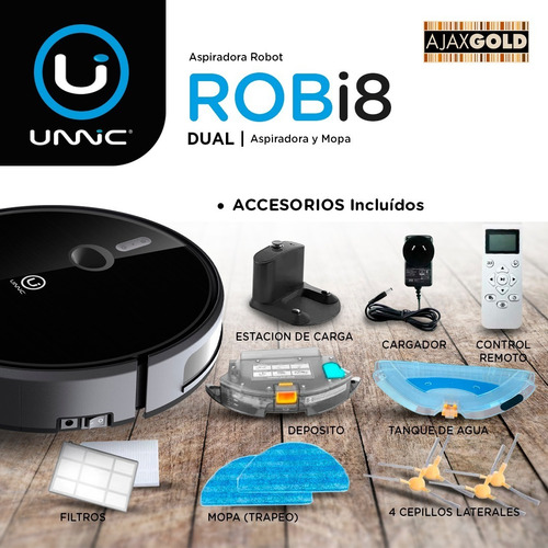 Aspiradora Robot Inteligente Mopa Auto Carga Unnic Control Color Negro