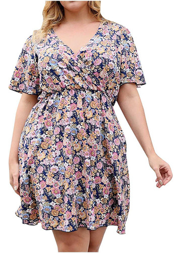 Vestido De Mujer De Talla Grande Verano Manga Corta Casual C