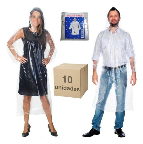 Kit 10 Capas Chuva Plástica Transparente Descartável Unissex