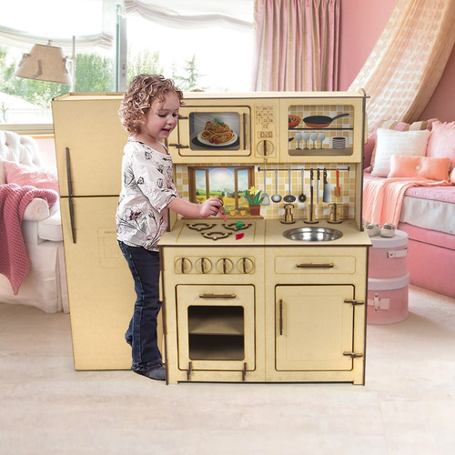 Imagen 2 de 9 de Cocinita De Juguete Con Heladera De Madera Juego Infantil