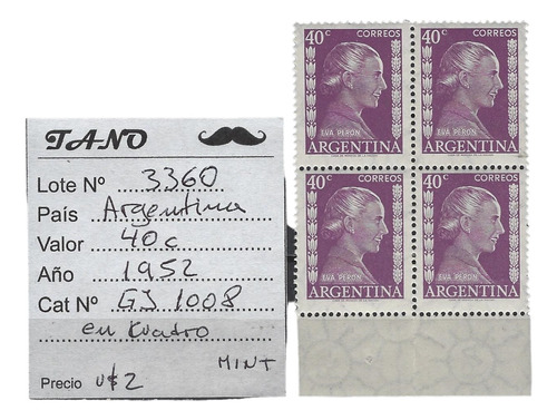 Lote3360 Argentina 40c. 1952 Gj# 1008 Eva Perón Cuadro Mint