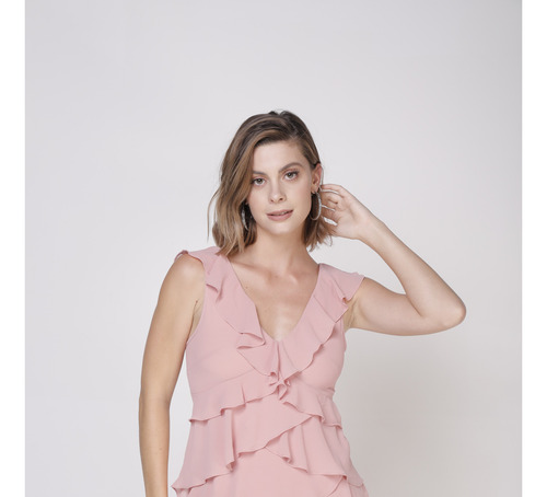 Vestido Largo De Fiesta Con Olanes Rosa Para Mujer Devendi