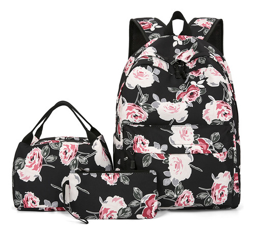 Mochila Casual Floral Tres Piezas Térmica Gran Capacidad