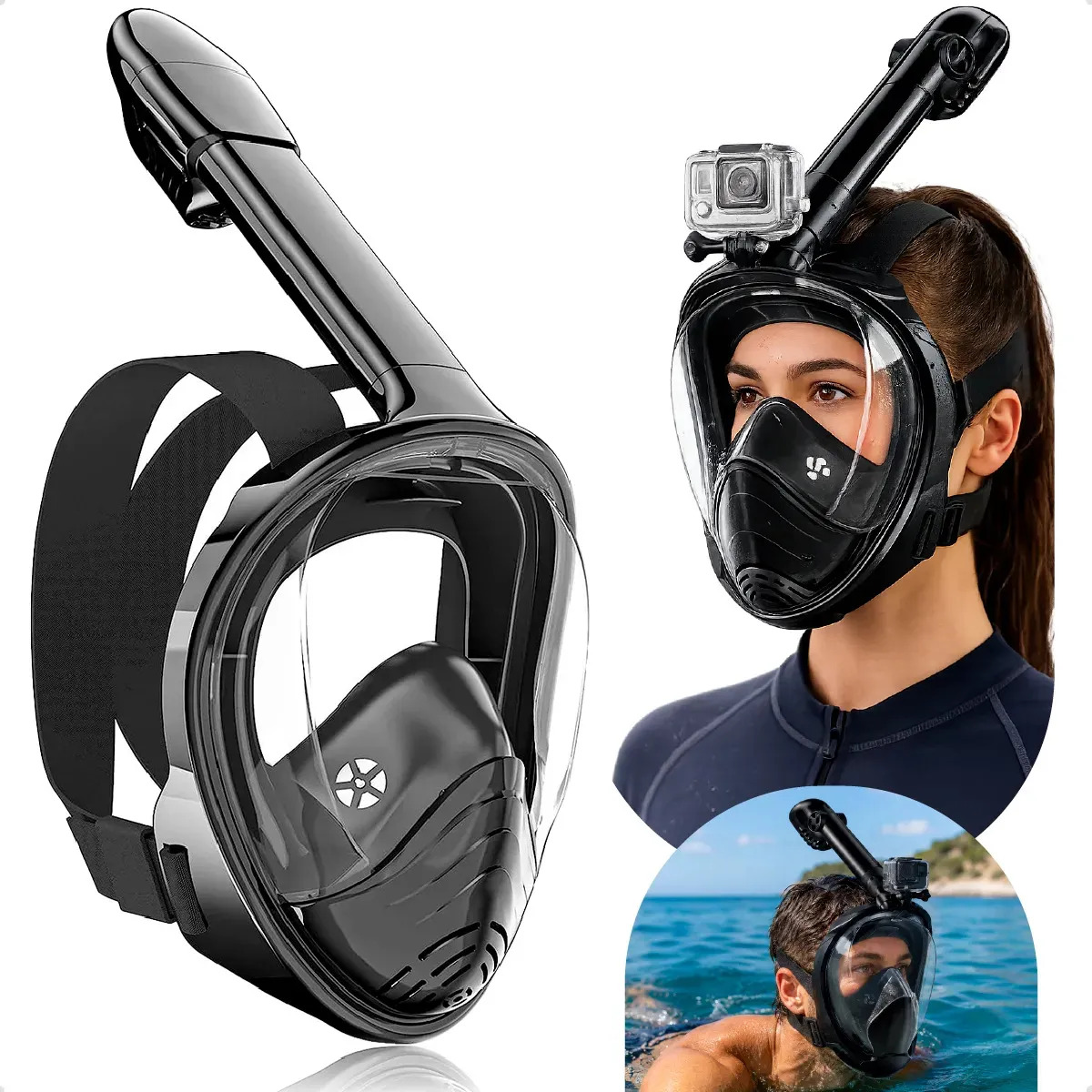 Máscara Mergulho Profissional Snorkel Full Face Suporte Compatível Com Gopro Câmera Marca Ecomixshop