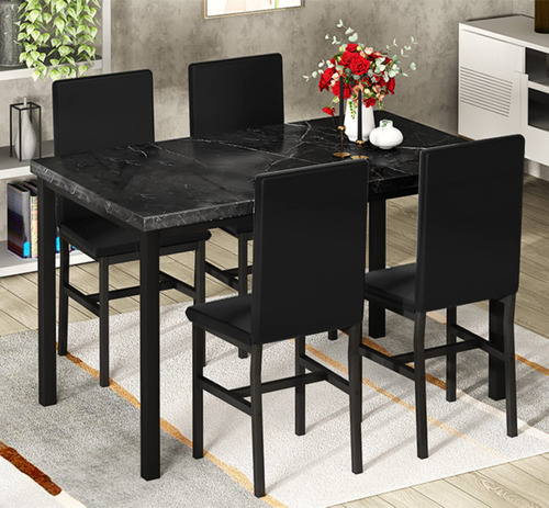 Awqm Mesa De Comedor De Mármol Negro Sintético Con 4 Sill.