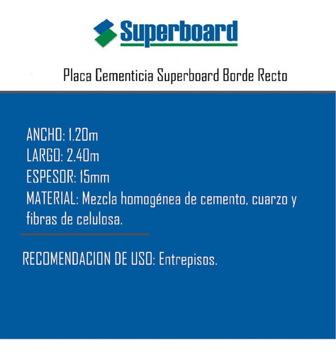 Placa Cementicia Superboard Entrepiso 15 Mm 1,20 X 2,40