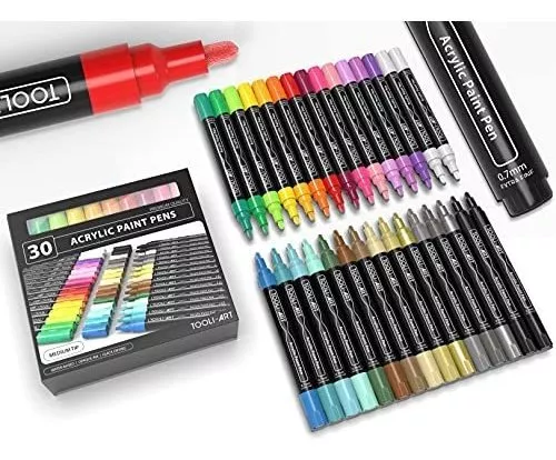 TOOLI-ART 30 Acrylic Paint Pens Assorted Markers Set 3.0mm Medium Tip for  Rock, Canvas, Mugs, Most Surfaces. Non Toxic, Water-based