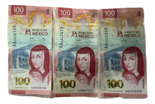 3 Billetes De $100 Conmemorativos De Sor Juana / Seria Aa