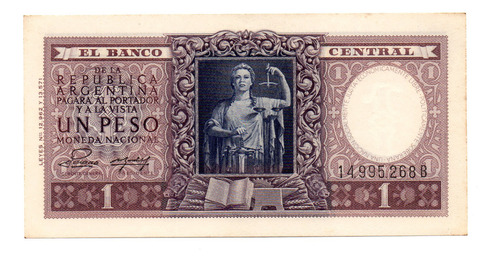 Billete 1 Peso Moneda Nacional, Bottero 1911, Año 1953 Mb +