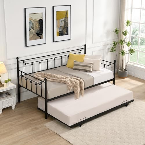 Sofá Cama De Metal De Tamaño Doble Con Cama Nido Extraíble, 