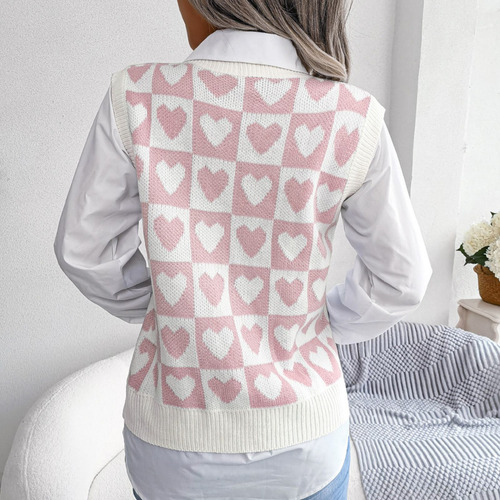 Chaleco De Punto Sweet Love Pattern Para Mujer Con Cuello En