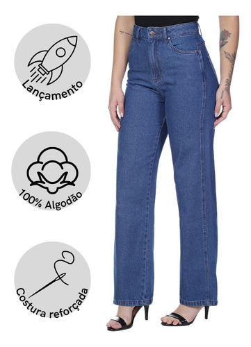 Calça Jeans Resistente Azul Lançamento Cós Alto Wide Leg