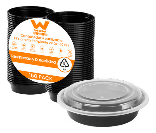Contenedor Circular 24oz, Topper Wow, 150jgos, Pp Reciclable Color Negro