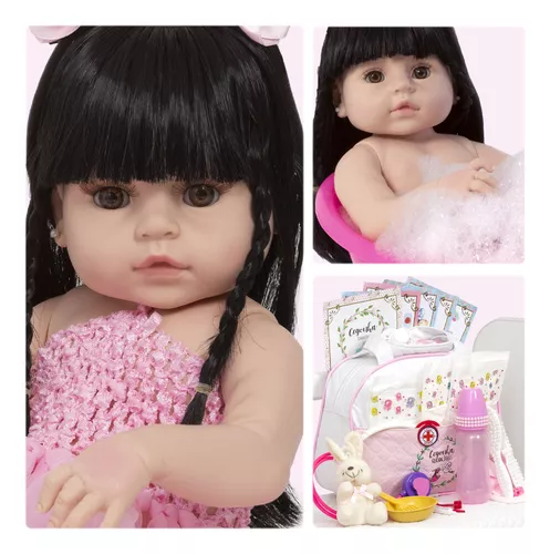 Boneca Bebe Reborn Fofinha Morena Com Bolsa Kit Acessórios em