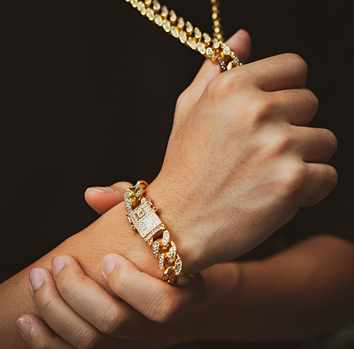Collar + Pulsera Cadena Cubano Full Ice Diamond Mujer Hombre