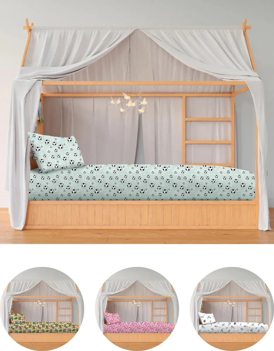 Jogo Lençol Mini Cama Montessoriana Infantil 2 Peças com Elástico Malha Futebol Verde Menino Roupa de Cama Berço Lavável em Maquina Criança - 70% Algodão 30% Poliéster - 70x150x15cm - Renova Enxovais