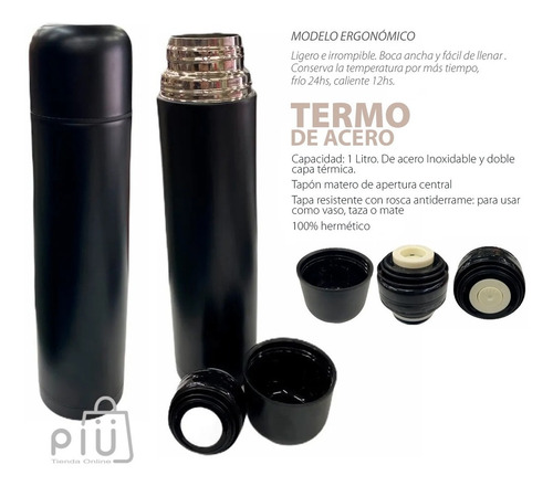Imagen 1 de 5 de Termo Bala Acero Negro 1l Doble Capa Termica Tapon Mate Piu