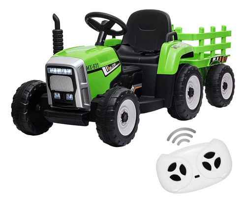 Tractor De Paseo Para Ninos Con Remolque Verde Y Control Rem