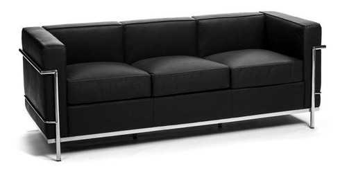 Sofá modular Mobilias Design Premium Le Corbusier de 3 lugares cor preto de couro sintético e pés de alumínio
