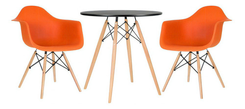 Kit Mesa Jantar Eames Wood 70 Cm 2 Cadeiras  Daw Cores Cor Mesa preto com cadeiras laranja
