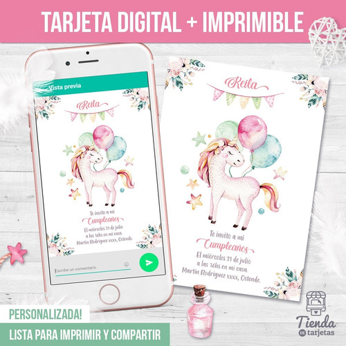 Imagen 2 de 4 de Invitación Digital + Imprimible - Unicornio Y Globos
