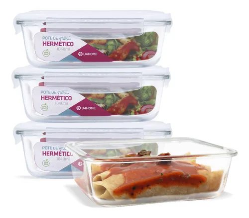 Kit 4 Potes Vidro 1040ml Marmita Hermetico Cor Branco (QH)
