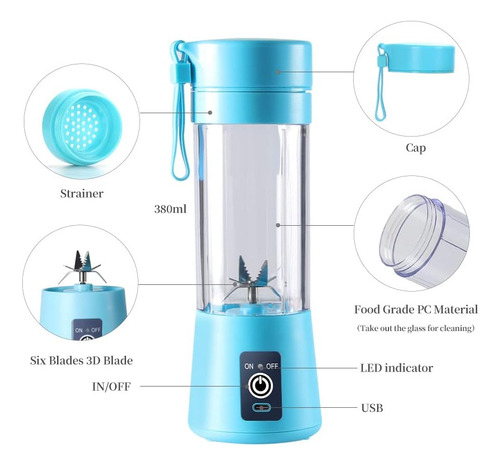 ' Licuadora Portatil Mini Exprimidor Vidrio Extractor Azul