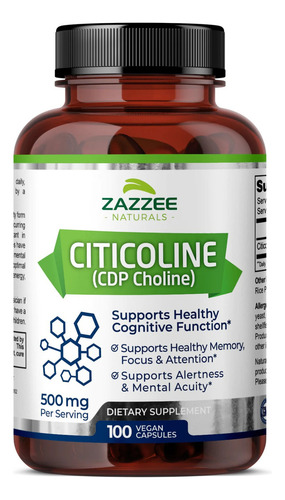 Citicolina 500mg 100 Cápsulas Veganas Zazzee Hecho En Usa Sabor Sin Sabor