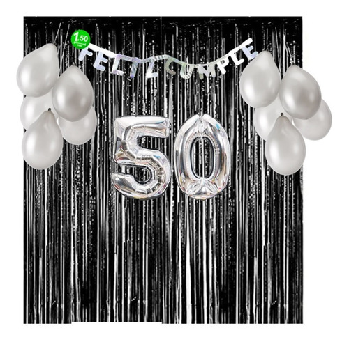 Kit Decoración Cumpleaños - 50 Años - Negro Y Plateado  