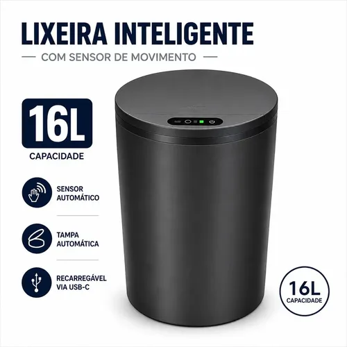Lixeira Inteligente Automática 16L com Sensor Infravermelho, USB-C, Abertura Automática, 3 Modos, Silenciosa