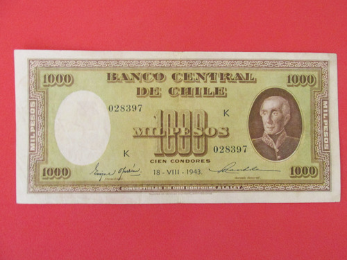 Billete Chile 1.000 Pesos  Oyarzun- Maschke Año 1943 Escaso