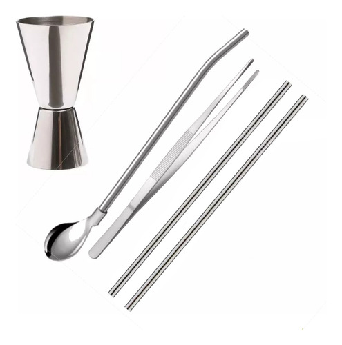 Set Bartender Barman Tragos Jigger De Acero Inox Pinza