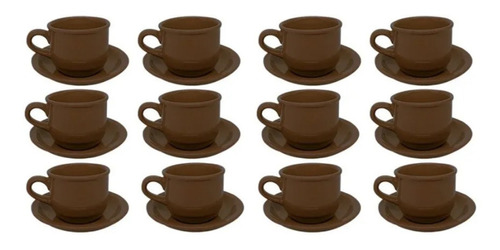 12 Xicaras Com Pires De Chá Ou Café 225ml Ceramica Marrom 