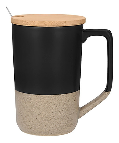 Taza De Cerámica Con Tapa De Bambú Y Cuchara Cap 485 Ml Color Negro