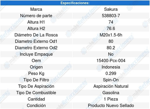 Filtro Aceite Mitsubishi Galant L4 2.4l 04-11 Sakura 8638463