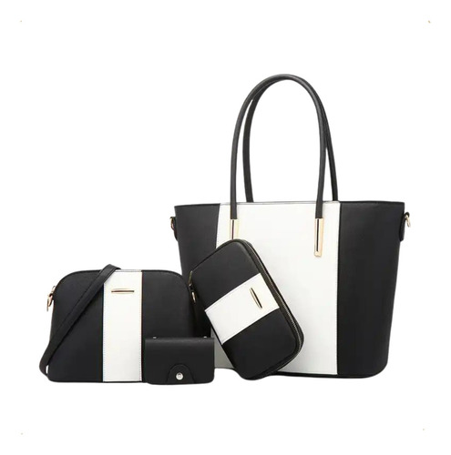 Set Carteras de Mujer Elisabeth&Co Rimini Elaborado en Cuero Pu Negro y Blanco Incluye 1 Cartera Grande 1 Cartera Chica 1 Billetera y 1 Tarjetero Correa Extraíble e intercambiable Herrajes Dorados
