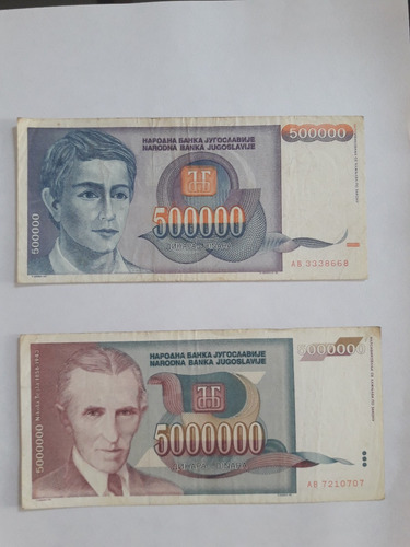 Imagen 1 de 2 de Billetes Yugoslavia: 1/2 Millon Y 5 Millones De Dinares
