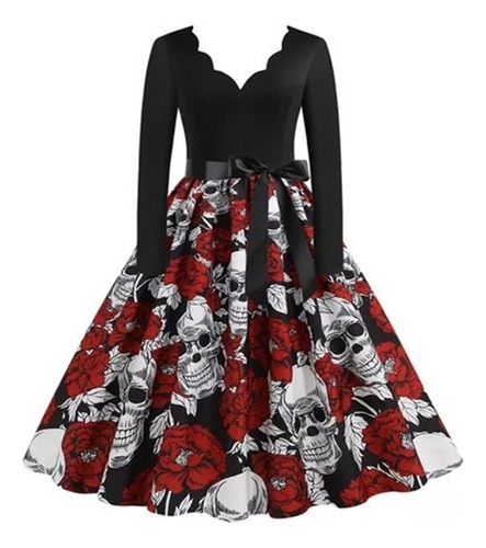 Vestido Elegante Dama Con Estampado Calaveras Para Halloween