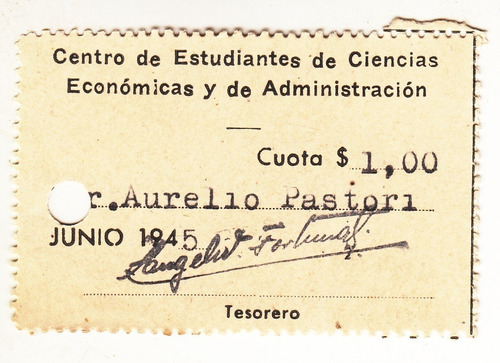 1945 Recibo Centro Estudiantes De Ciencias Economicas Cecea