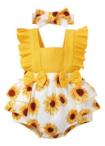 Pañalero De Bebé Niñas Con Estampado De Girasol Y Diademas