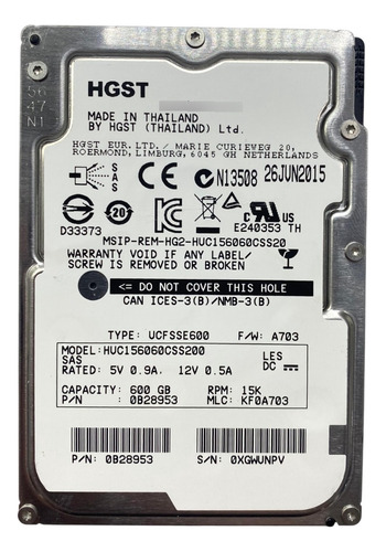 Hd Hgst 600gb 15k Sas 2.5 6gb 0b28953 Huc156060css200 @ Cinza