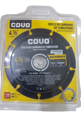 Disco De Carburo De Tungsteno 4 1/2 PuLG Marca Covo 