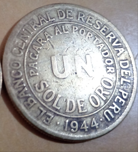 Moneda Peruana Antigua 1 Sol De Oro Del Año 1944