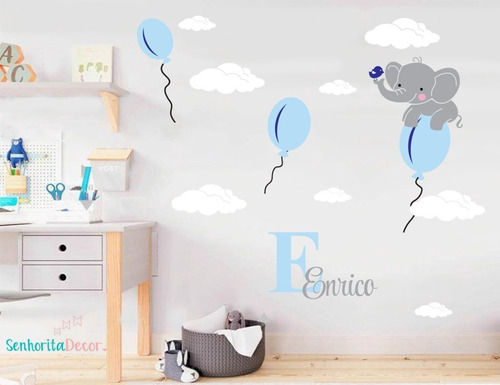 Adesivo Para Parede Decoração Inf..  Elefante Balões Nuvens