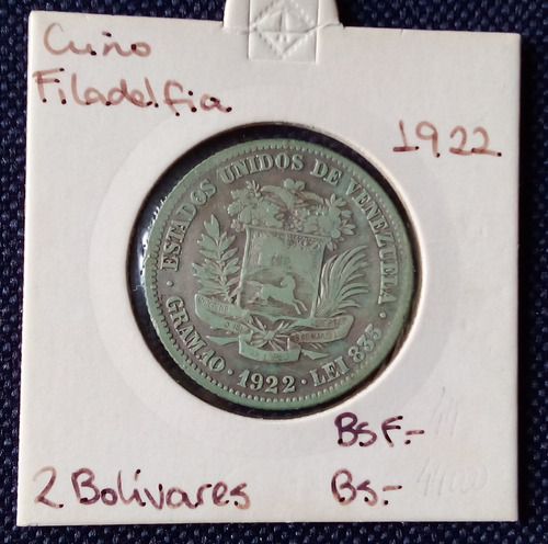 Moneda De Plata - 2 Bolivares  Año 1922 - 10 Gramos -ley 835