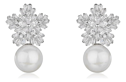 Cz Flower Pearl Stud Pendientes Para Mujeres Niñas Plata De 