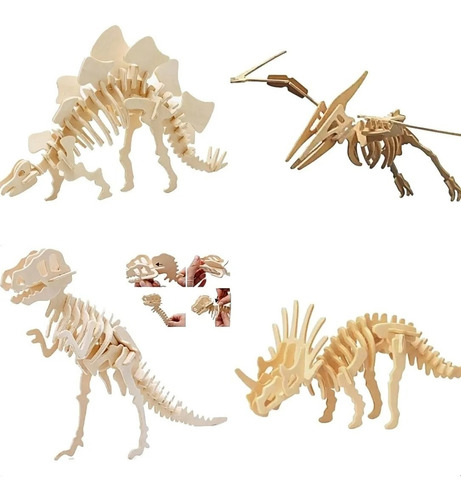 Set De 4 Rompecabezas Dinosaurios 3d Madera Jurasico